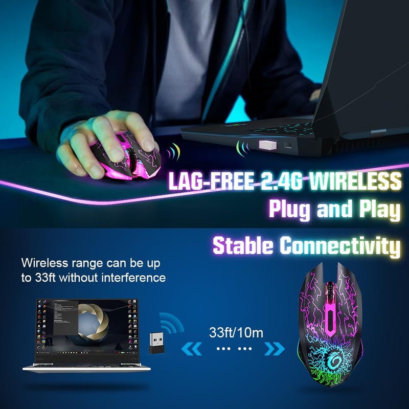 VersionTECH . Wireless Gaming Mouse, Rechargeable Computer Mouse Mice with Colorful LED Lights, Silent Click, 2.4G USB Nano Receiver, 3 Level DPI for PC Gamer Laptop Desktop Chromebook Mac-Black - Image 3