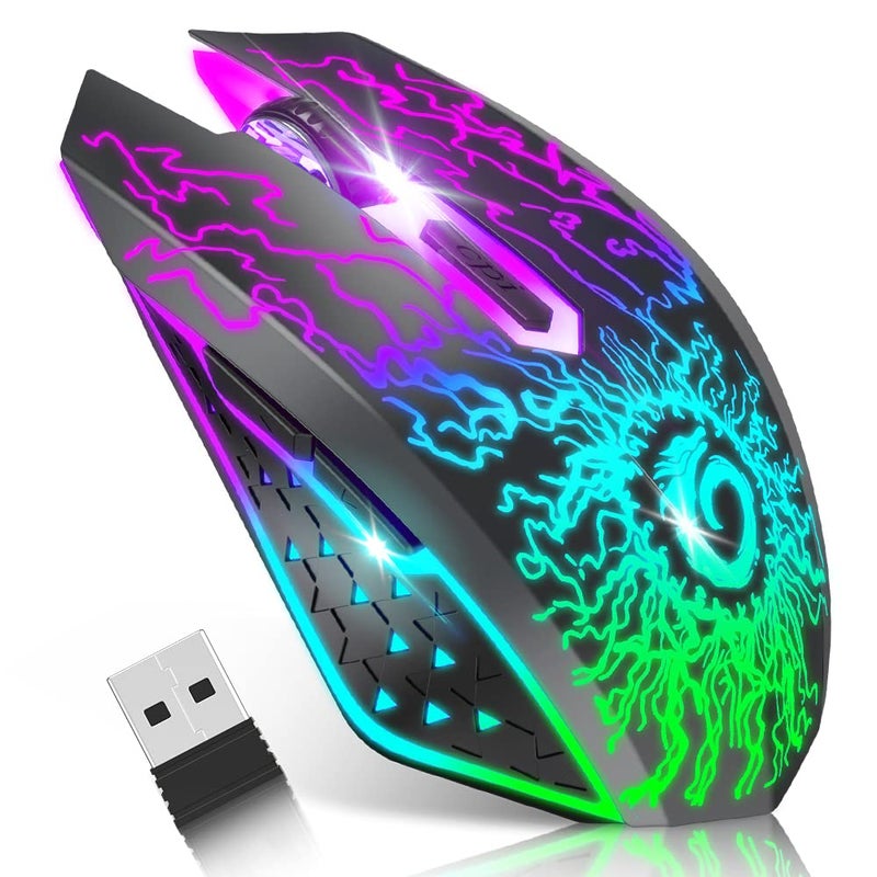 VersionTECH . Wireless Gaming Mouse, Rechargeable Computer Mouse Mice with Colorful LED Lights, Silent Click, 2.4G USB Nano Receiver, 3 Level DPI for PC Gamer Laptop Desktop Chromebook Mac-Black - Image 1