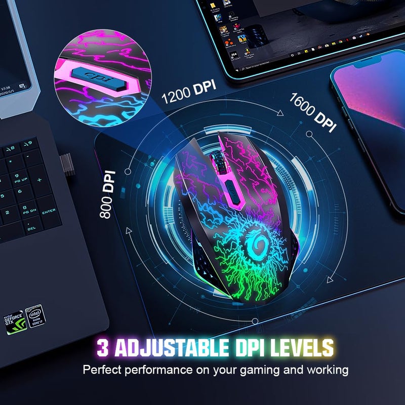 VersionTECH . Wireless Gaming Mouse, Rechargeable Computer Mouse Mice with Colorful LED Lights, Silent Click, 2.4G USB Nano Receiver, 3 Level DPI for PC Gamer Laptop Desktop Chromebook Mac-Black - Image 5