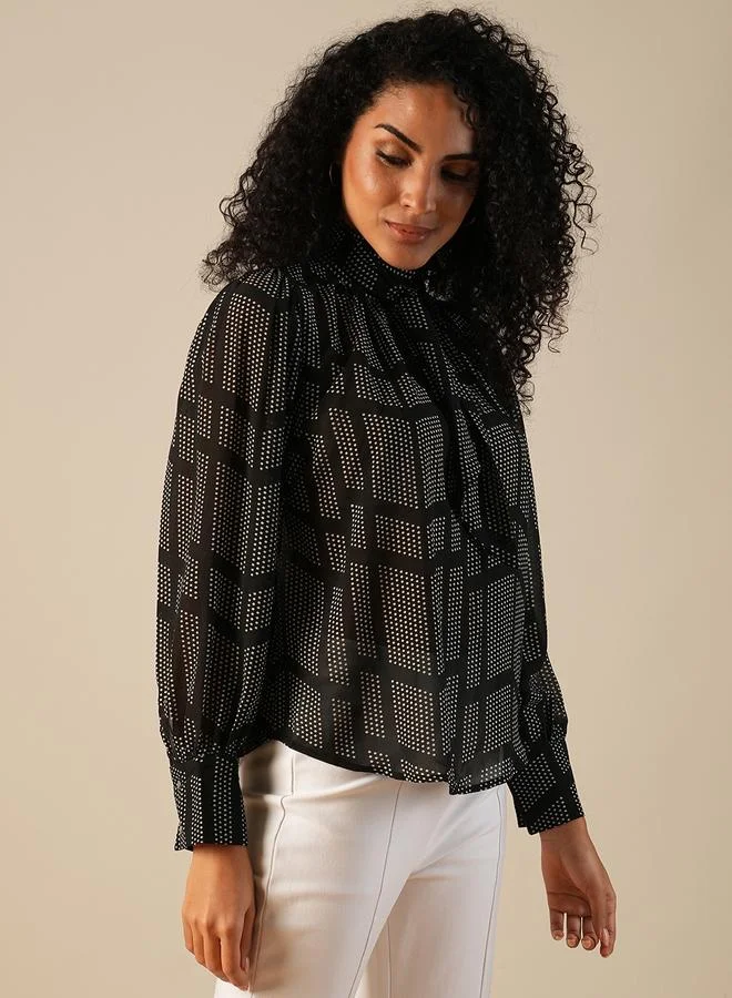 جلو باص بلوزة جلوبس بأكمام بالون ورقبة عالية مطبوعة