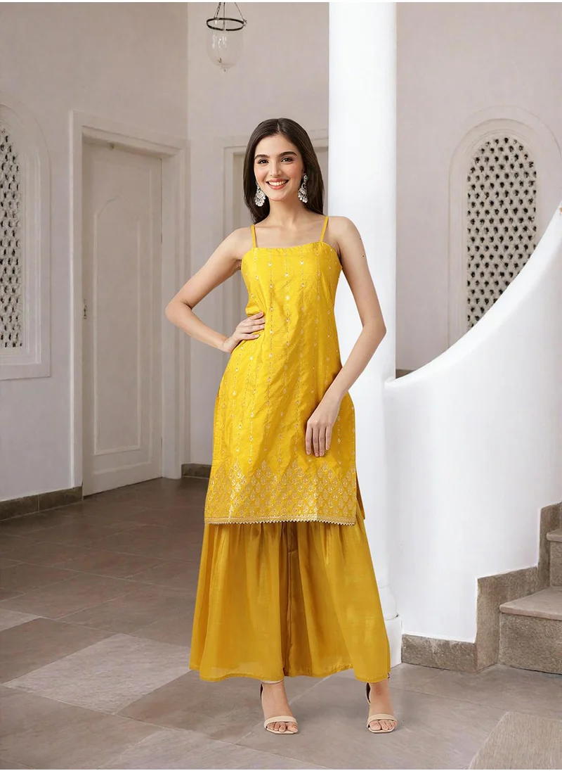 ISHIN Yellow Kurta Set Straight Fit 3/4 Sleeve Sleeve made from 100% Polyester featuring Self Design design and Round Neck neckline - Perfect for Ethinic!