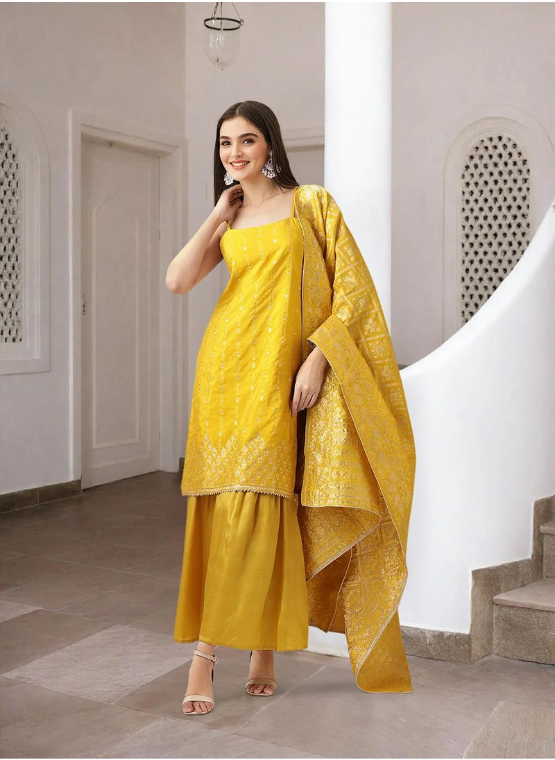 ISHIN Yellow Kurta Set Straight Fit 3/4 Sleeve Sleeve made from 100% Polyester featuring Self Design design and Round Neck neckline - Perfect for Ethinic!