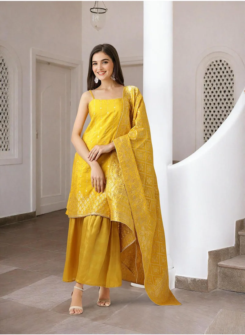 ISHIN Yellow Kurta Set Straight Fit 3/4 Sleeve Sleeve made from 100% Polyester featuring Self Design design and Round Neck neckline - Perfect for Ethinic!
