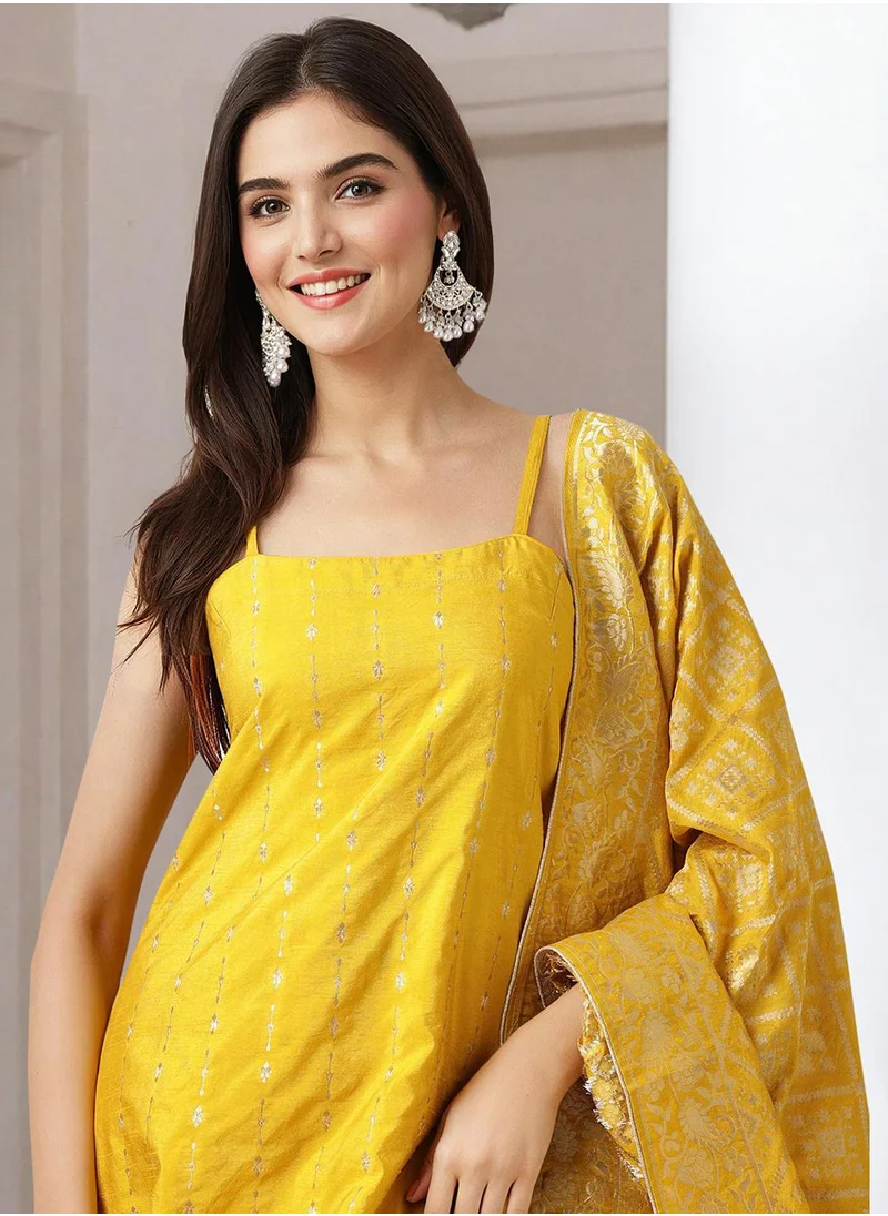 ISHIN Yellow Kurta Set Straight Fit 3/4 Sleeve Sleeve made from 100% Polyester featuring Self Design design and Round Neck neckline - Perfect for Ethinic!
