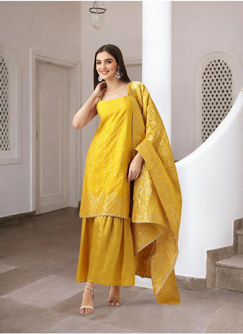 ISHIN Yellow Kurta Set Straight Fit 3/4 Sleeve Sleeve made from 100% Polyester featuring Self Design design and Round Neck neckline - Perfect for Ethinic!  - Image 5