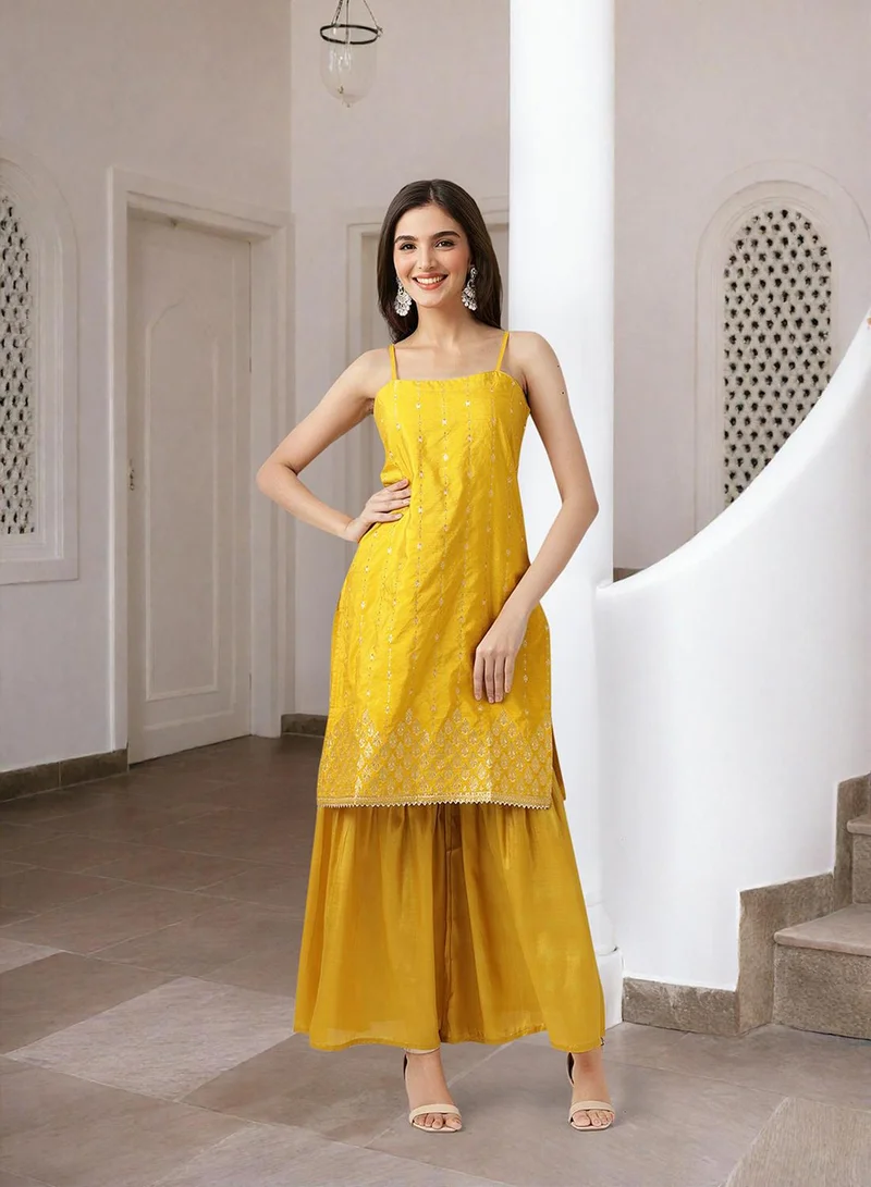 آي شين Women's Yellow 100% Polyester Self Design Full Length Palazzo Kurta Set