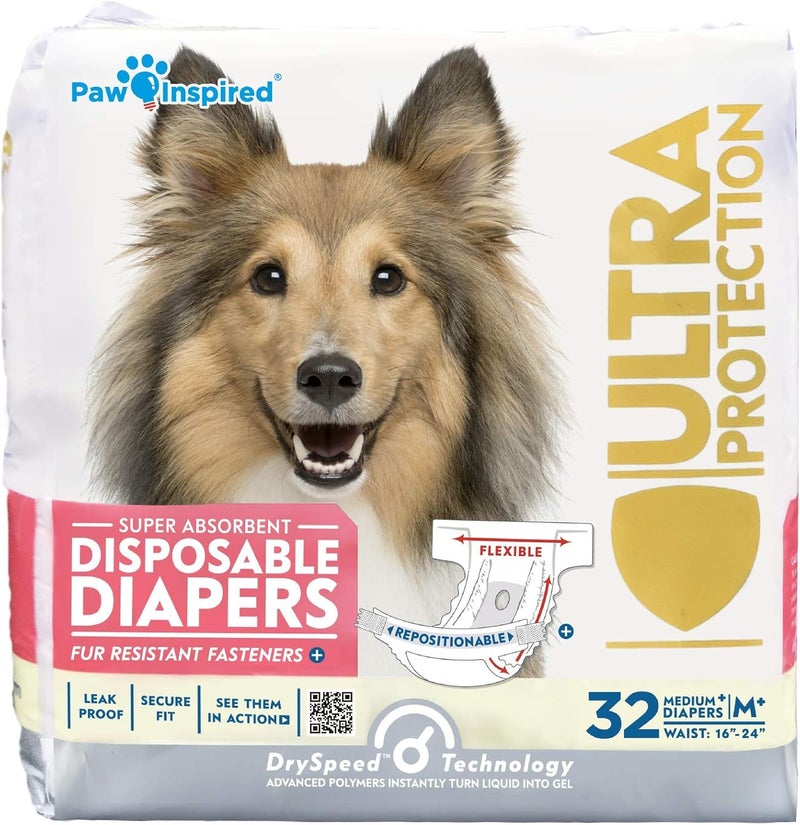 Paw Inspired مناديل صحية للكلاب قابلة للتخلص من ماركة Paw Inspired، سعة 32 قطعة | مناديل صحية للكلاب الإناث بحماية فائقة | مناسبة للكلاب في فترة الحرارة، أو التي تعاني من مشاكل في التبول أو عدم القدرة على التحكم في التبول (متوسطة الحجم +) - Image 1