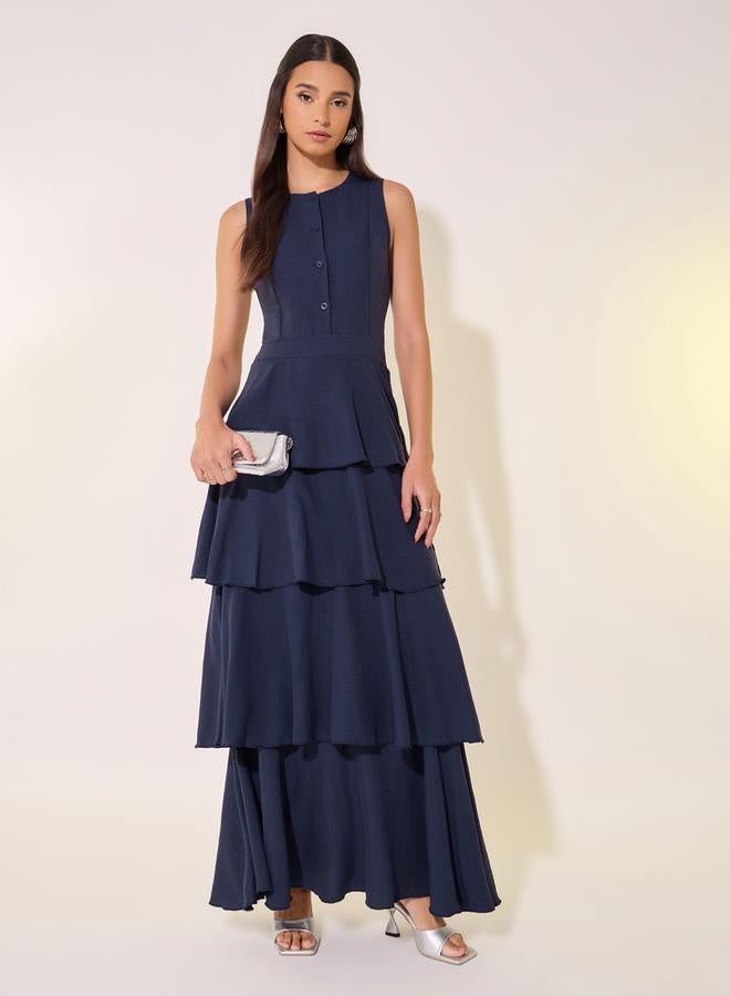 Take Two Solid Sleeveless Tiered Maxi Dress with Button Detail  - Image 1