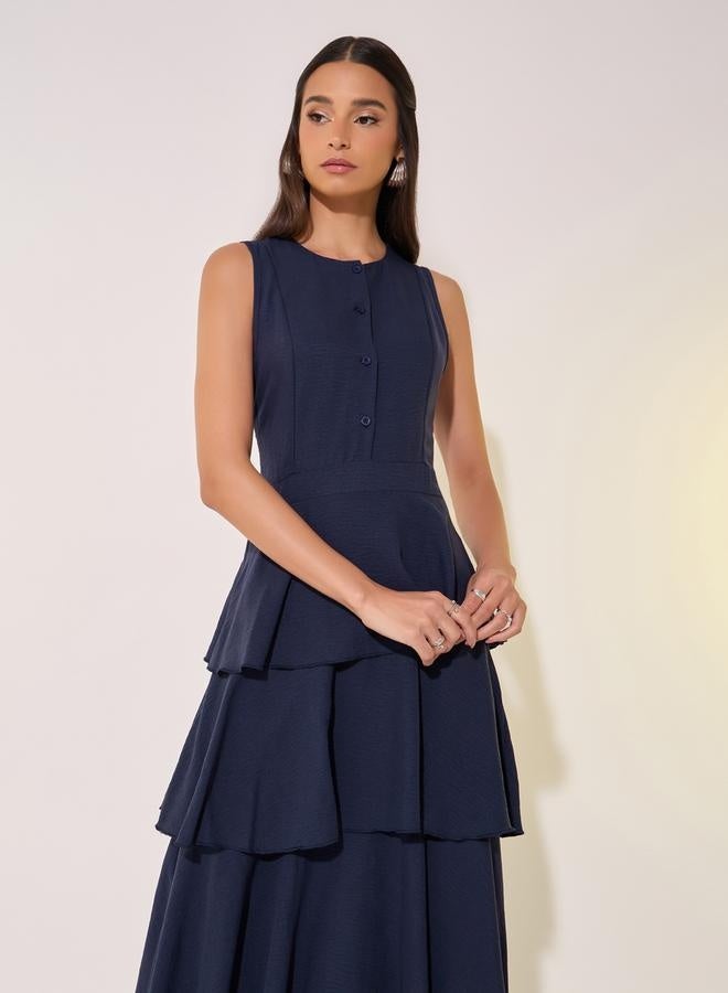 Take Two Solid Sleeveless Tiered Maxi Dress with Button Detail  - Image 3