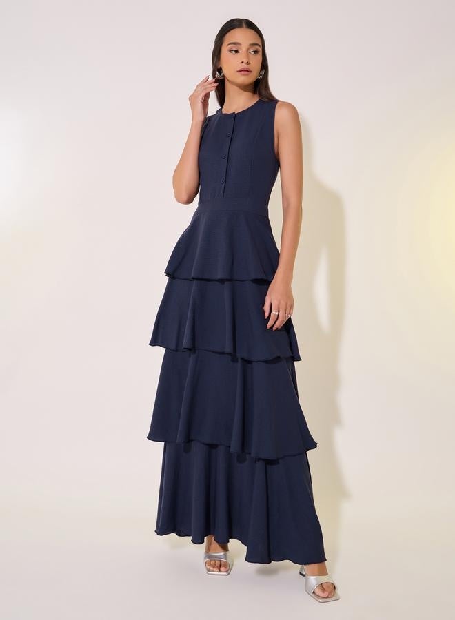 Take Two Solid Sleeveless Tiered Maxi Dress with Button Detail  - Image 2