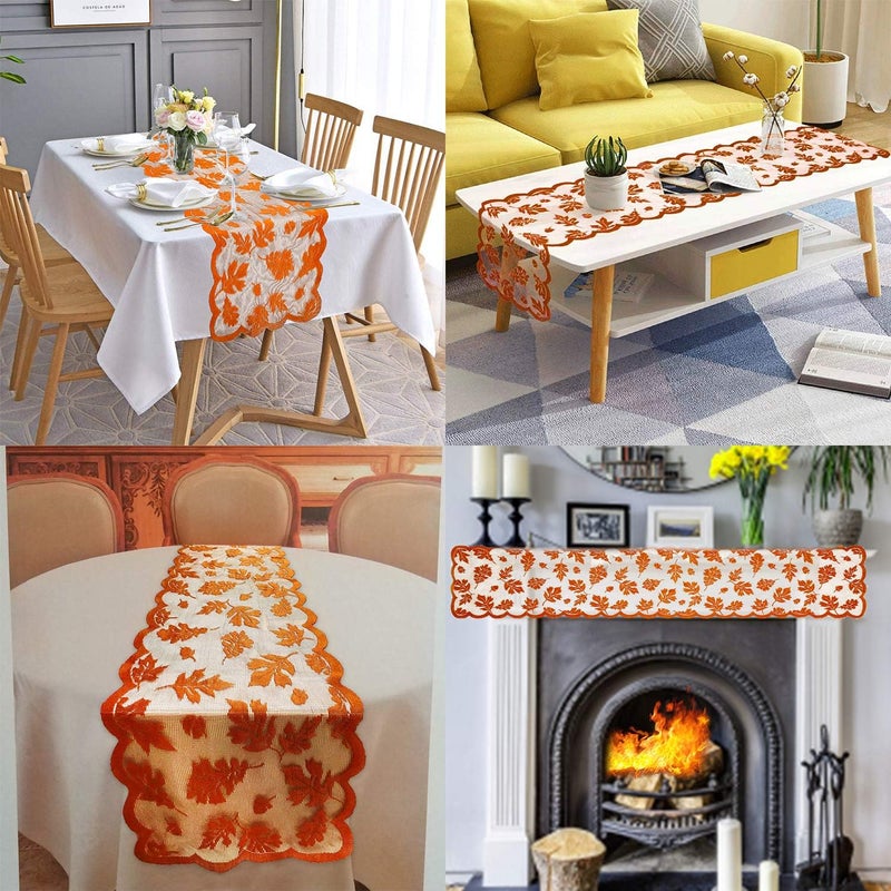Camlinbo Fall Table Runner Thanksgiving Fall Decorations for Home 13 x 72 Inch Maples Leaves Table Runner Autumn Harvest Orange Lace Runners Thanksgiving Decorations for Tables Kitchen Dining Party (Brown) - Image 3