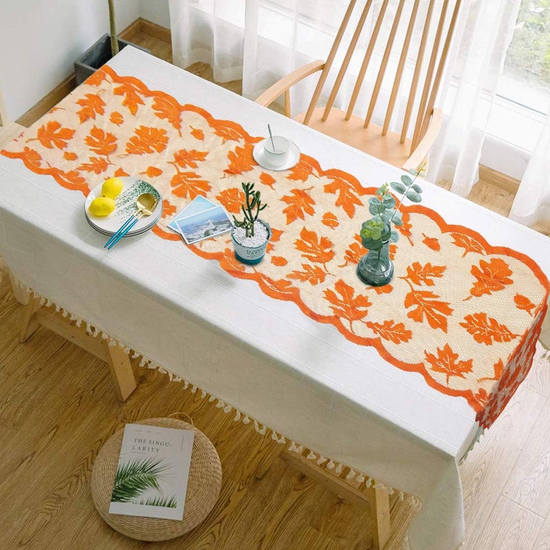 Camlinbo Fall Table Runner Thanksgiving Fall Decorations for Home 13 x 72 Inch Maples Leaves Table Runner Autumn Harvest Orange Lace Runners Thanksgiving Decorations for Tables Kitchen Dining Party (Brown) - Image 5