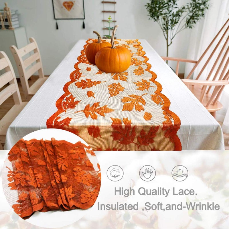 Camlinbo Fall Table Runner Thanksgiving Fall Decorations for Home 13 x 72 Inch Maples Leaves Table Runner Autumn Harvest Orange Lace Runners Thanksgiving Decorations for Tables Kitchen Dining Party (Brown) - Image 2