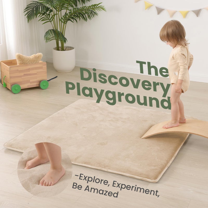 Huloo Sleep Baby Play Mat for Floor,1.3" Thick Elasti-Foam 50"Ã—50" Playpen Mat for Tummy Time,Water Repellent Soft Coral Velvet for Toddler,Infant,Kids,Non-Slip Backing Safe for Crawling(Beige) - Image 3