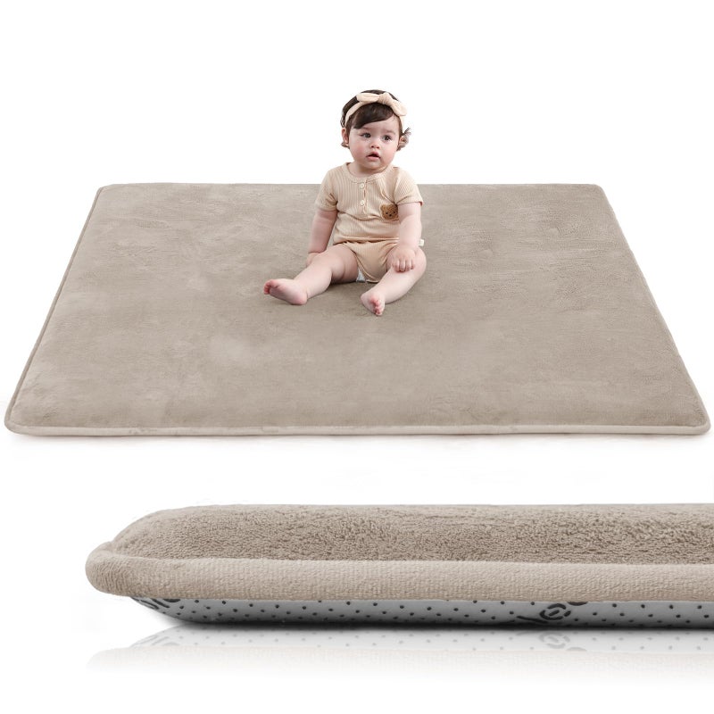 Huloo Sleep Baby Play Mat for Floor,1.3" Thick Elasti-Foam 50"Ã—50" Playpen Mat for Tummy Time,Water Repellent Soft Coral Velvet for Toddler,Infant,Kids,Non-Slip Backing Safe for Crawling(Beige) - Image 1