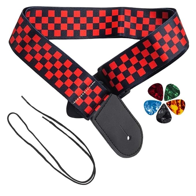 IMAGINEA Electric Guitar Strap/Belt with Leather End for Acoustic Guitar (Red Chess) - Image 1