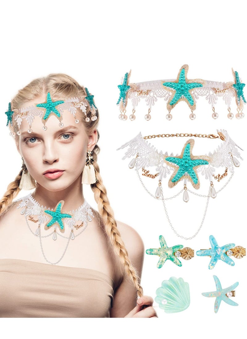Excefore 6 Pcs Mermaid Costume Accessories Sea Star Starfish Hairbands Hair and Necklace Clip  - Image 1