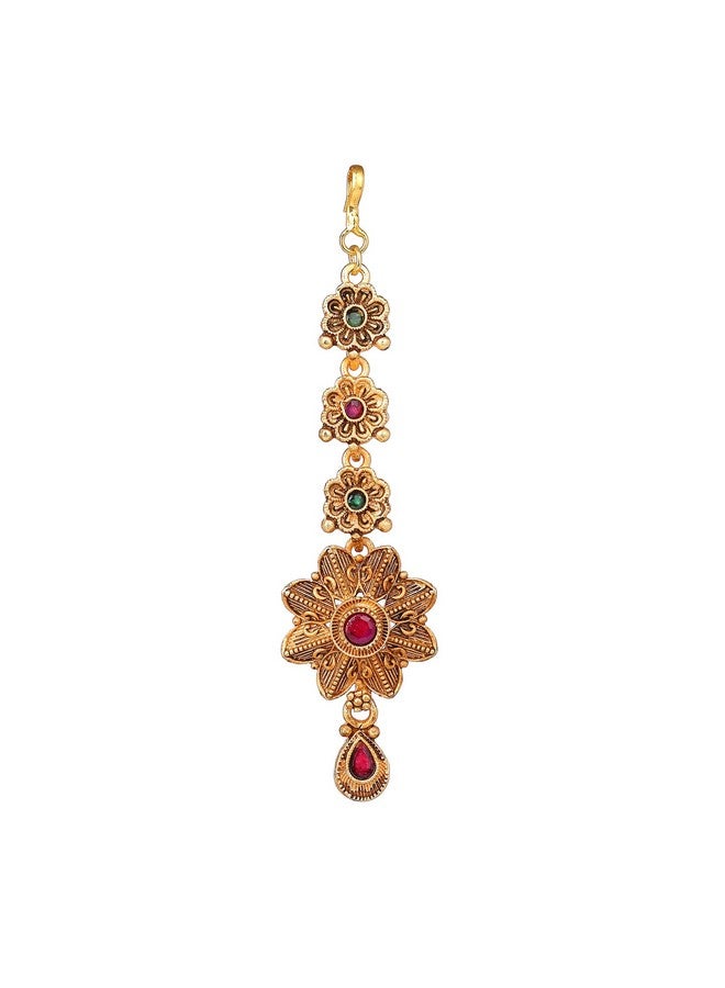 Estele Maang Tikaa for Women Gold Plated Stunning Floral Designer Matte Finish Ethnic Maang Tikka With Green and Ruby Crystals for Girls and Women-036-IGGNRB TIKAA - Image 1