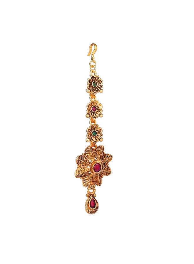 Estele Maang Tikaa for Women Gold Plated Stunning Floral Designer Matte Finish Ethnic Maang Tikka With Green and Ruby Crystals for Girls and Women-036-IGGNRB TIKAA - Image 3