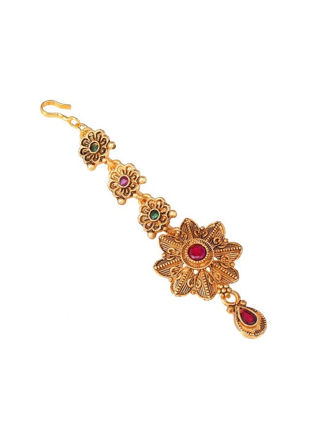 Estele Maang Tikaa for Women Gold Plated Stunning Floral Designer Matte Finish Ethnic Maang Tikka With Green and Ruby Crystals for Girls and Women-036-IGGNRB TIKAA - Image 2