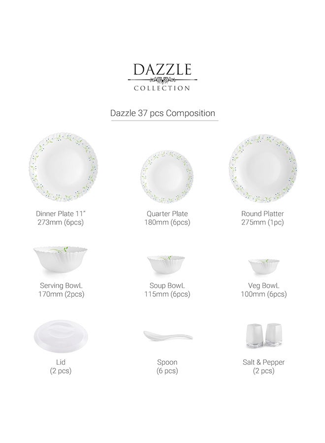 Cello طقم عشاء سيللو أوبال وير سلسلة دازل لاجون الاستوائية، 37 وحدة | طقم عشاء من زجاج الأوبال لـ 6 | طقم أدوات تناول الطعام الخفيفة الوزن للاستخدام اليومي | طقم أطباق ووعاء أبيض - Image 3