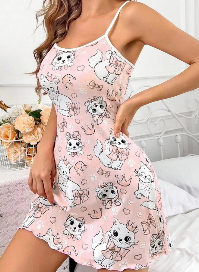 Take Two  Pink Cat Print Scoop Neck Cami Nightdress for Women | Best Price UAE