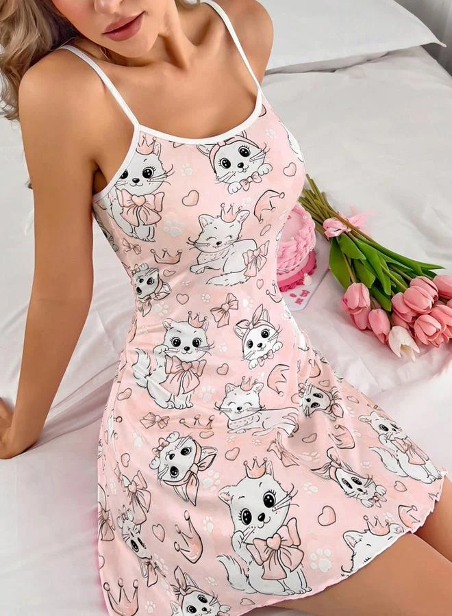 Take Two  Pink Cat Print Scoop Neck Cami Nightdress for Women | Best Price UAE