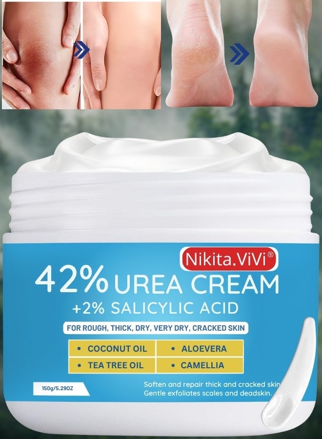 NIKITA.VIVI كريم يوريا 150 جرام 42% مع حمض الساليسيليك لعلاج تشققات القدمين واليدين وإزالة الكالو وكريم اليدين وكريم القدمين لتشققات كعب القدم والمرفقين والأظافر والركب ومرطب البشرة مع أقصى قوة - Image 1