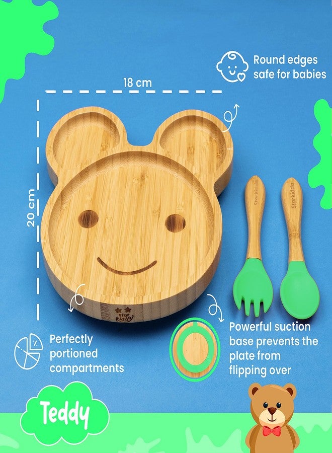 StarKiddo® ‘Teddy’ Bamboo Suction Plates for Baby and Toddler | Weaning Spoon & Fork | Non-Toxic | Super Strong Suction | Cool to The Touch | Ideal for Baby-Led Weaning (Green) - Image 2