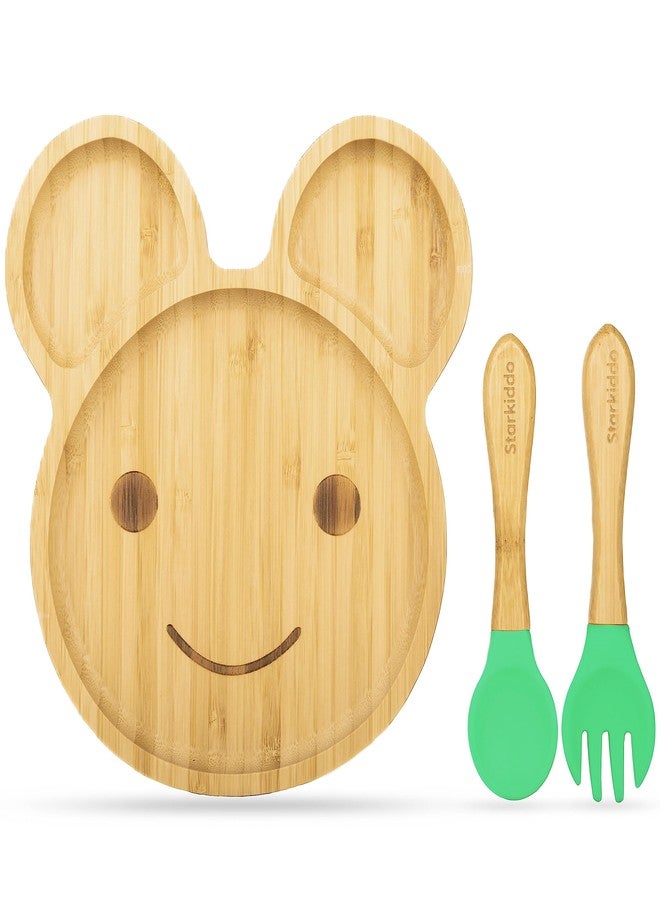 StarKiddo® ‘Teddy’ Bamboo Suction Plates for Baby and Toddler | Weaning Spoon & Fork | Non-Toxic | Super Strong Suction | Cool to The Touch | Ideal for Baby-Led Weaning (Green) - Image 1