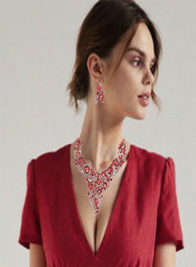 Zthread Crystal Flower Rib Statement Necklace Rhinestone Vintage Chucky Necklace and Dangle Earrings Jewelry Set (Red) - Image 2