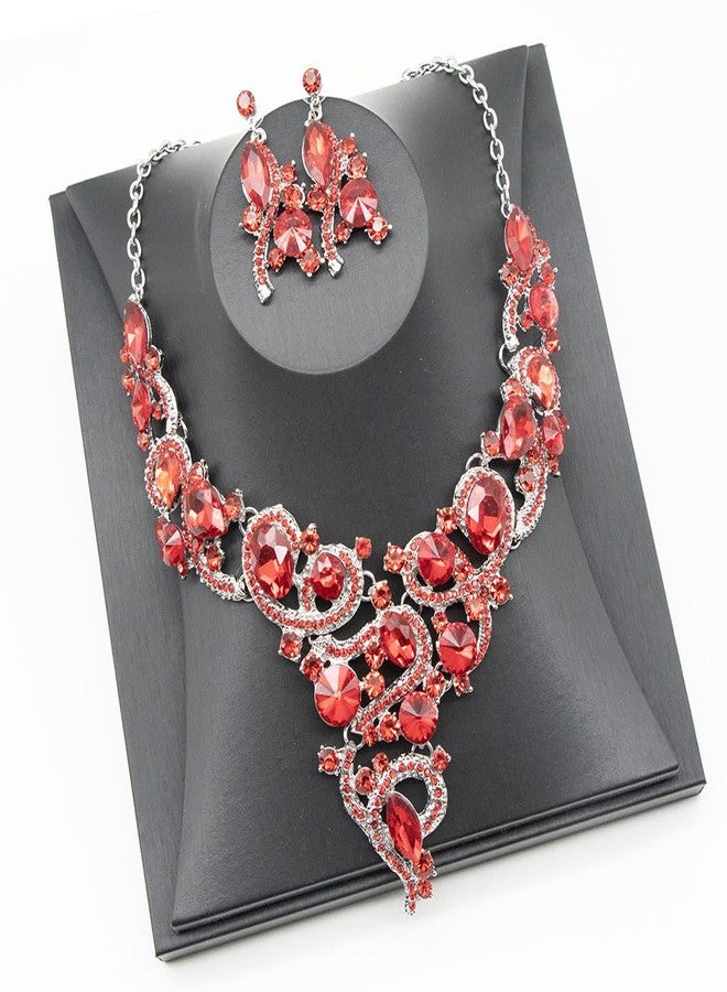 Zthread Crystal Flower Rib Statement Necklace Rhinestone Vintage Chucky Necklace and Dangle Earrings Jewelry Set (Red) - Image 3