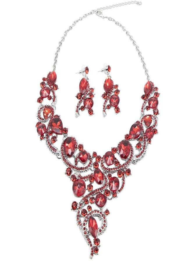 Zthread Crystal Flower Rib Statement Necklace Rhinestone Vintage Chucky Necklace and Dangle Earrings Jewelry Set (Red) - Image 5