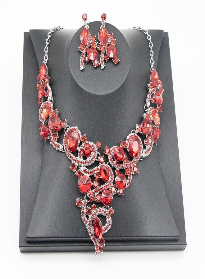Zthread Crystal Flower Rib Statement Necklace Rhinestone Vintage Chucky Necklace and Dangle Earrings Jewelry Set (Red) - Image 4