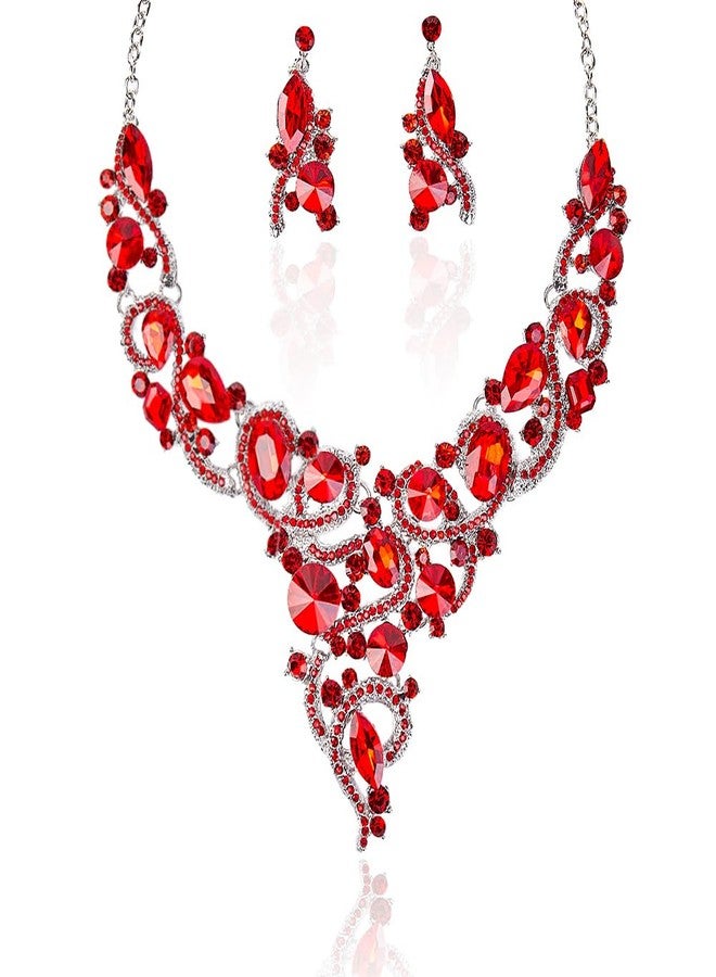 Zthread Crystal Flower Rib Statement Necklace Rhinestone Vintage Chucky Necklace and Dangle Earrings Jewelry Set (Red) - Image 1