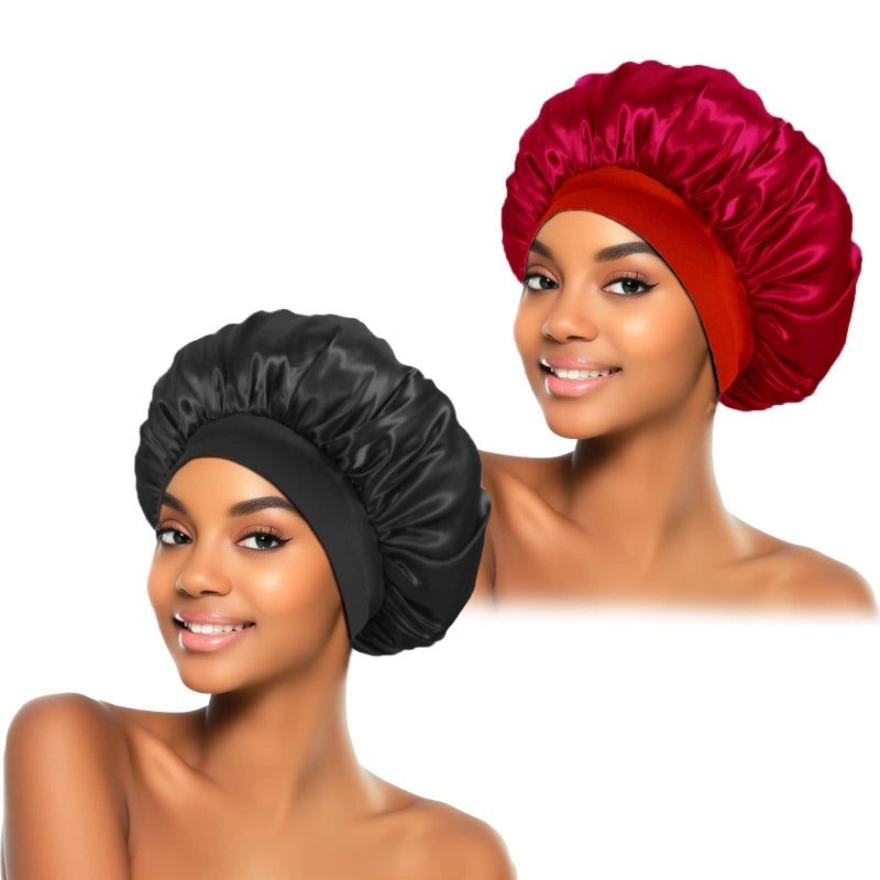ZHENSILK 2Pcs Silk Bonnet for Sleeping Satin Hair Bonnets Soft Elastic Band Silk Sleep Cap Hair Wrap for WomenBlack Burgundy