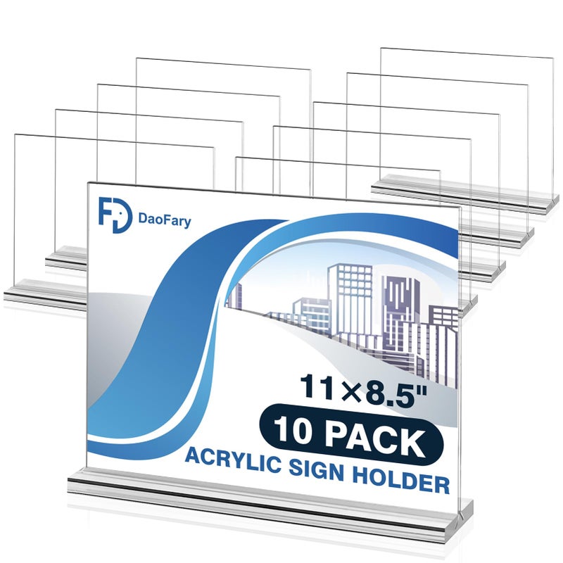 Daofary 10 Pack Acrylic Sign Holder 8.5 x 11 Horizontal, Double-Sided Stand up Table Top Sign Holders, Clear Acrylic Picture Frame Menu Flyer Paper Holder Display Stand for Office Business Store Wedding Party - Image 1