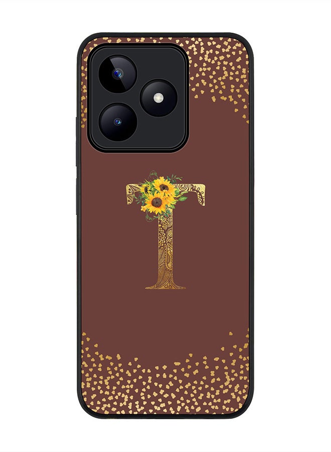 Stylizedd Rugged Black edge case for Realme C53, Slim fit Thin Cover- Custom Monogram Initial Letter Floral Pattern Alphabet-T  (Brown ) - Image 1