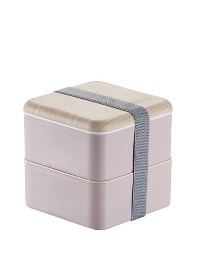 Arabest Square Lunch Box Double Layer Wooden Lunch Box with Tableware Adult Student Lunch Box 1.4l Pink  - Image 1