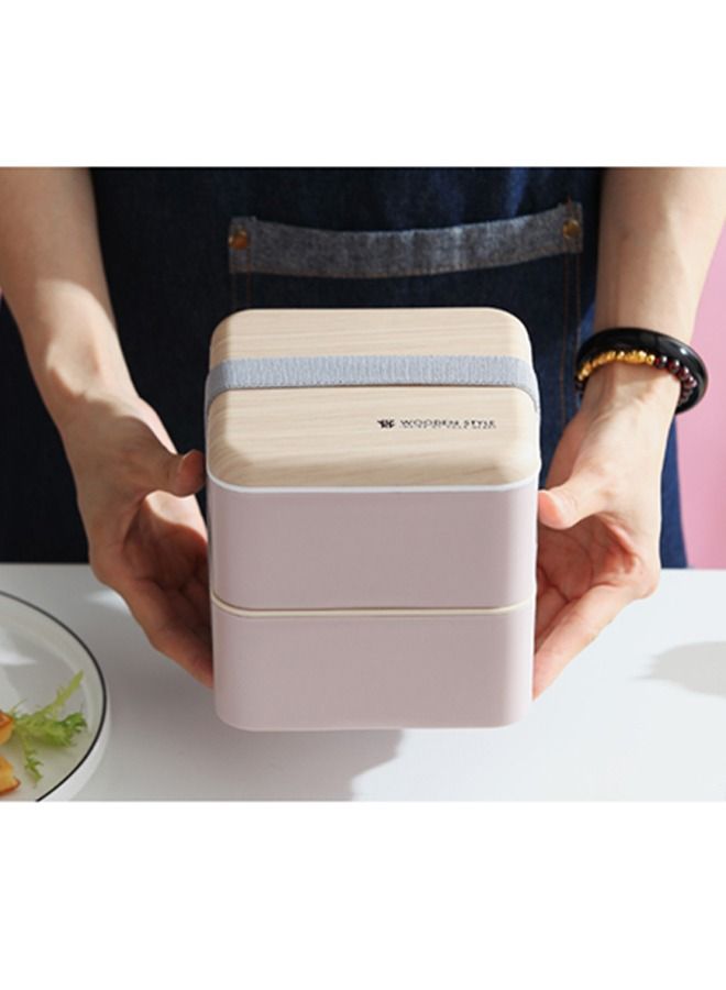 Arabest Square Lunch Box Double Layer Wooden Lunch Box with Tableware Adult Student Lunch Box 1.4l Pink  - Image 4