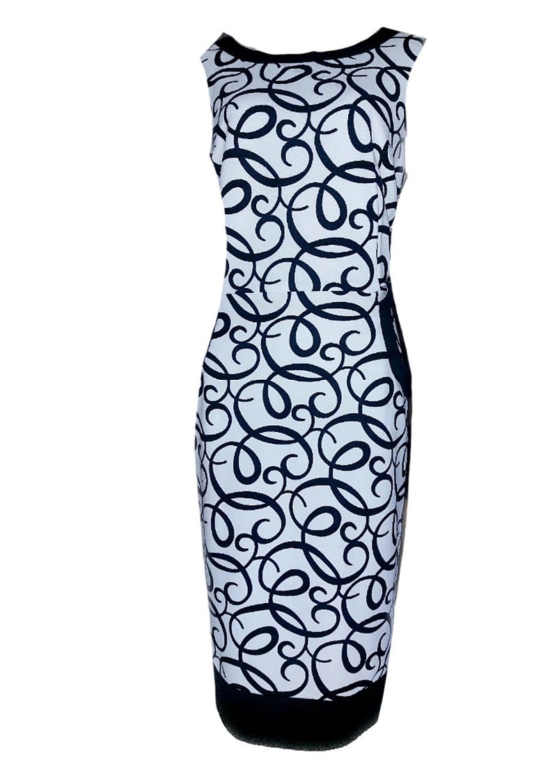 Women printed spandex midi dress black & white sleeveless