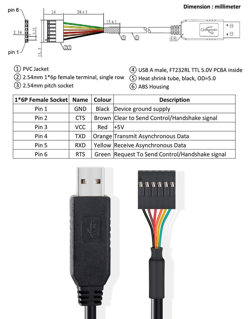 DTech USB to TTL Serial 5V Adapter Cable with FTDI FT232RL Chip 6 Pin 0.1 inch Pitch Female Socket Header UART IC Windows 11 10 8 7 Linux MAC OS (6ft, Black) - Image 3