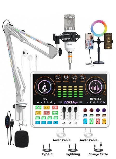 Podcast Microphone Bundle with Live Sound Card Audio Mixer, Podcast Equipment Bundle with 3.5mm Condenser Microphone for Pc/Phone Live Streaming Singing Gaming, Sound Board with Voice Changer, Denoise