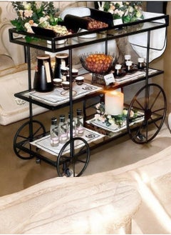 fan baytk Black Cycle Serving Trolley with 3 Tiers, featuring a modern design and clear glass for perfect display. It can be easily used in kitchens, restaurants, hotels, chalets and homes, making it a distinctive and valuable addition to any occasion, (90 cm length, 90 cm height, 38 cm width)  - Image 3