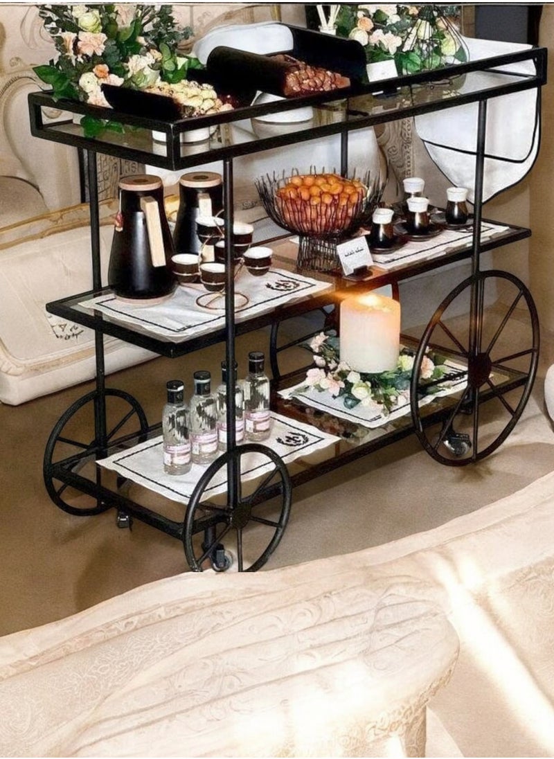 fan baytk - Black Cycle Serving Trolley with 3 Tiers, featuring a modern design and clear glass for perfect display. It can be easily used in kitchens, restaurants, hotels, chalets and homes, making it a distinctive and valuable addition to any occasion, (90 cm length, 90 cm height, 38 cm width) - Image 1