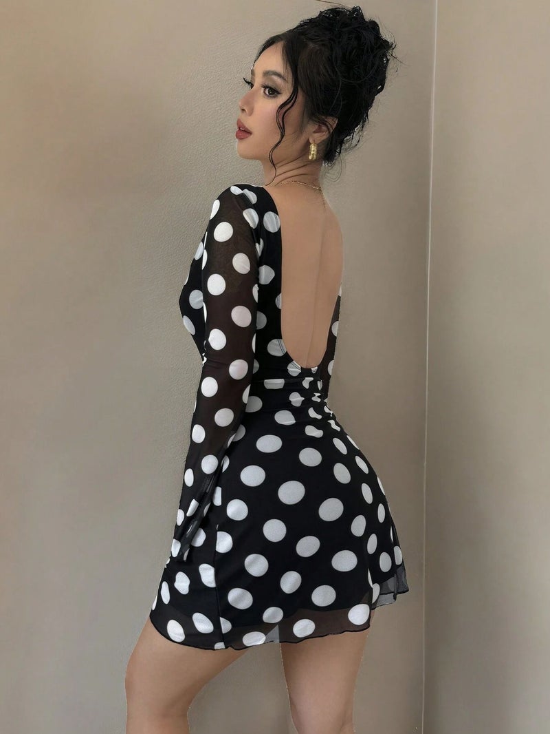 Sexy Polka Dot Mesh Flared Sleeve Mini Dress - Image 1