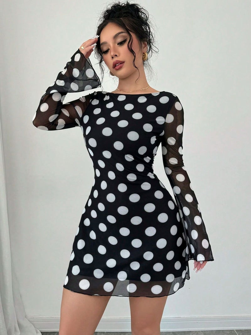 Sexy Polka Dot Mesh Flared Sleeve Mini Dress - Image 2