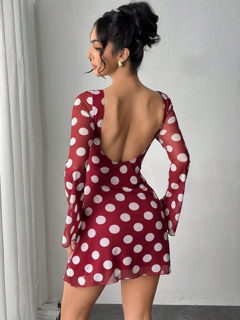 Sexy Polka Dot Mesh Flared Sleeve Mini Dress - Image 3