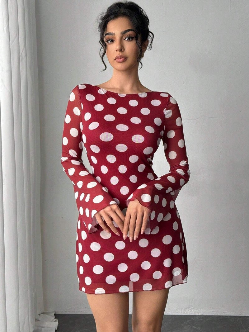 Sexy Polka Dot Mesh Flared Sleeve Mini Dress - Image 4
