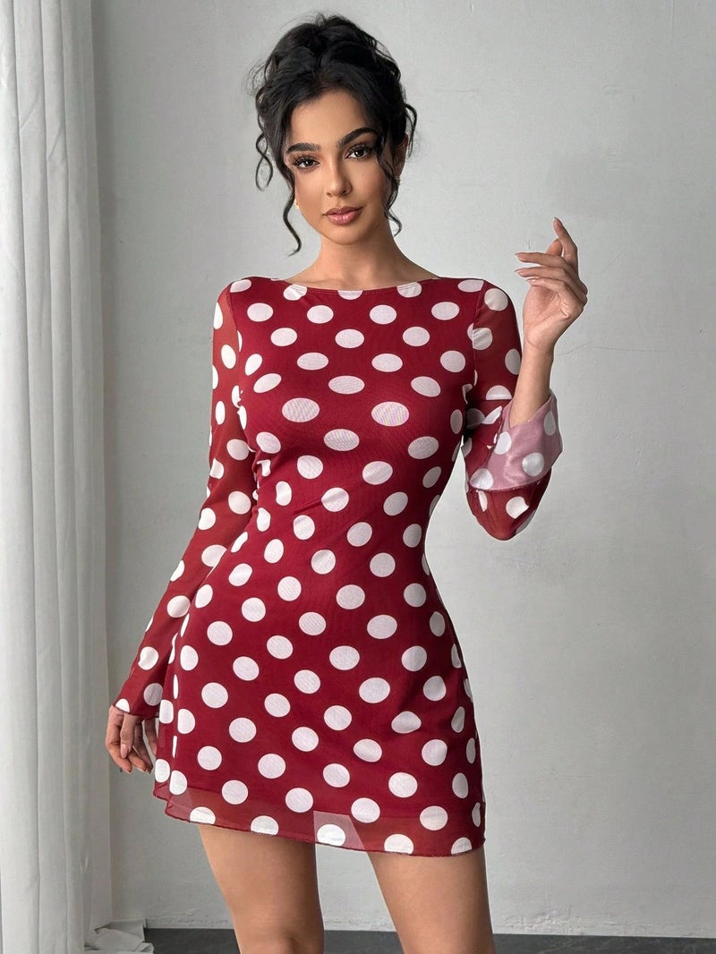 Sexy Polka Dot Mesh Flared Sleeve Mini Dress - Image 5